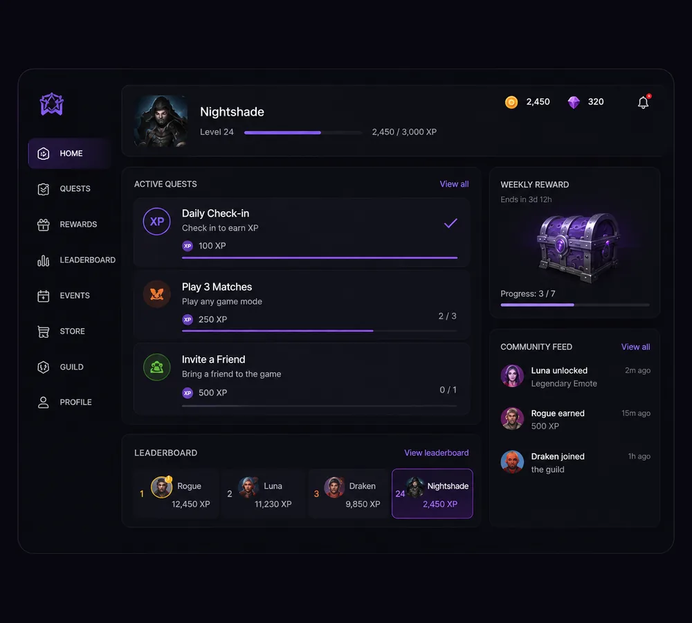 A branded rewards hub: member level and XP, active quests, a weekly reward, leaderboard and live community feed.